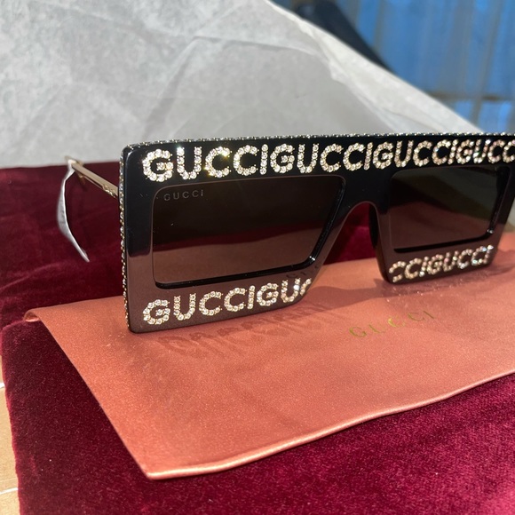 Gucci Rhinestone Black Rectangle Logo sunGlasses main image 6